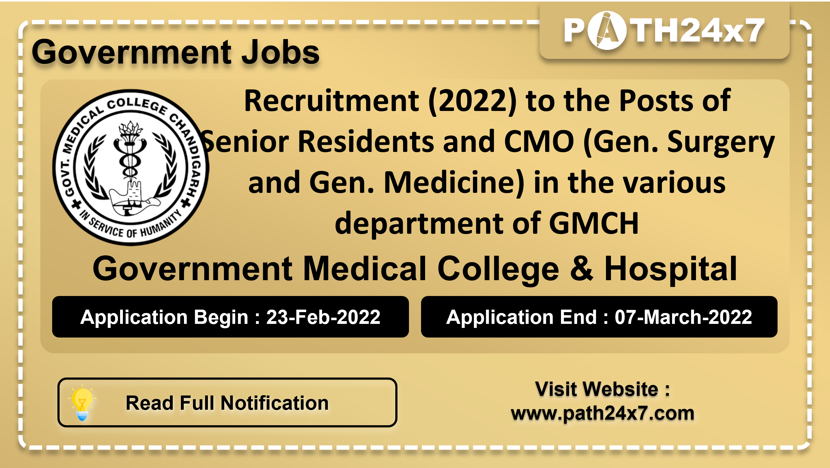 Recruitment (2022) to the Posts of Senior Residents and CMO (Gen. Surgery and Gen. Medicine) in the various department of GMCH, No. of Vacancies - 94, Important Dates, Application Fees, Age Limit, Educational Criteria, Physical Criteria, Vacancy Details, How to Apply By Online | Government Medical College and Hospital